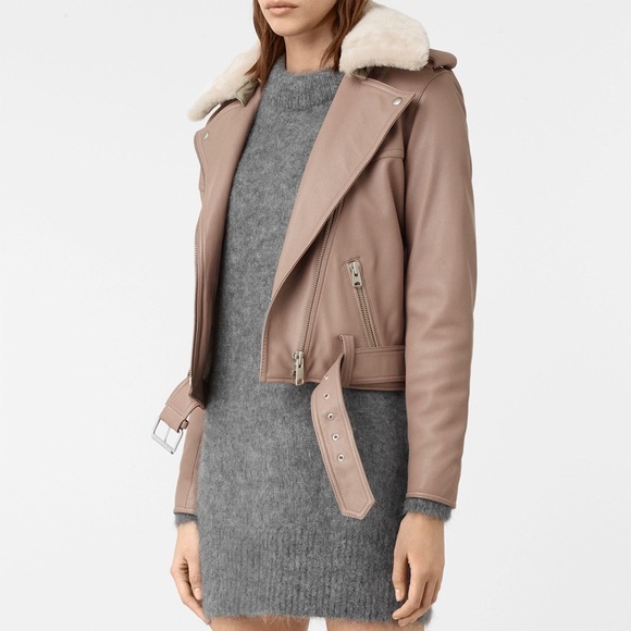 All Saints Rigby Biker Jacket w/ Sheep Skin Collar - Picture 2 of 5